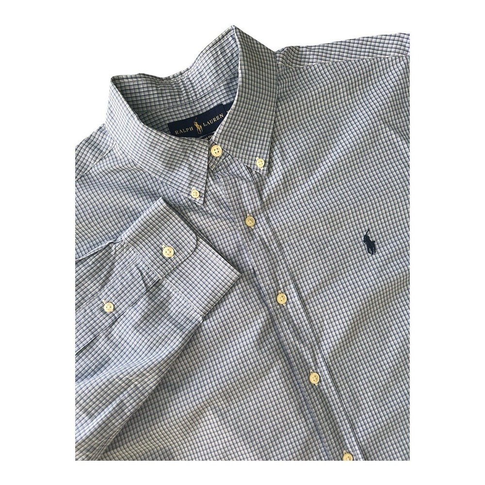 Ralph Lauren Custom Fit Mens XL Blue Gingham Check Cotton Button Down‎ Shirt